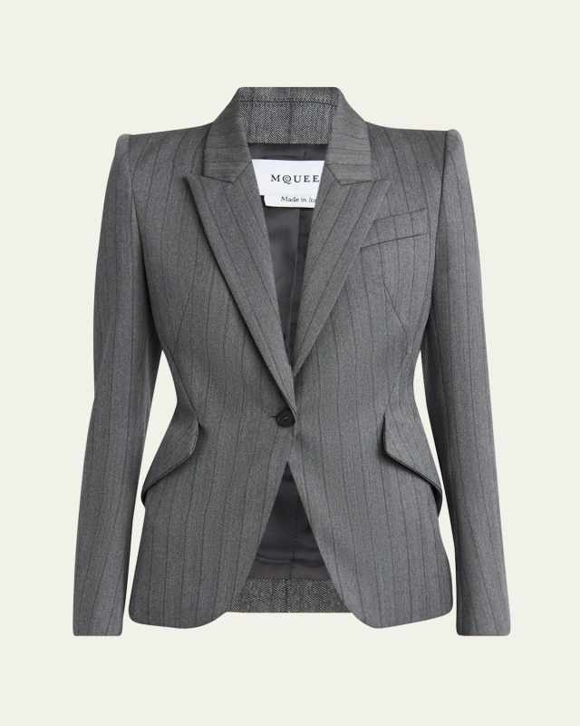 Herringbone Striped Single-Breasted Blazer Jacket